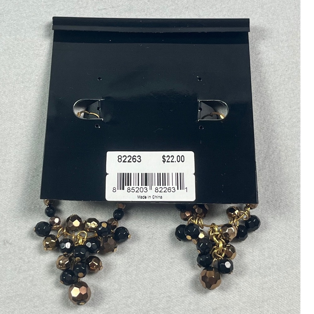Cookie Lee Black Bronze Beaded Cluster Hoop Earrings Gold Tone Leverback New - Picture 2 of 4